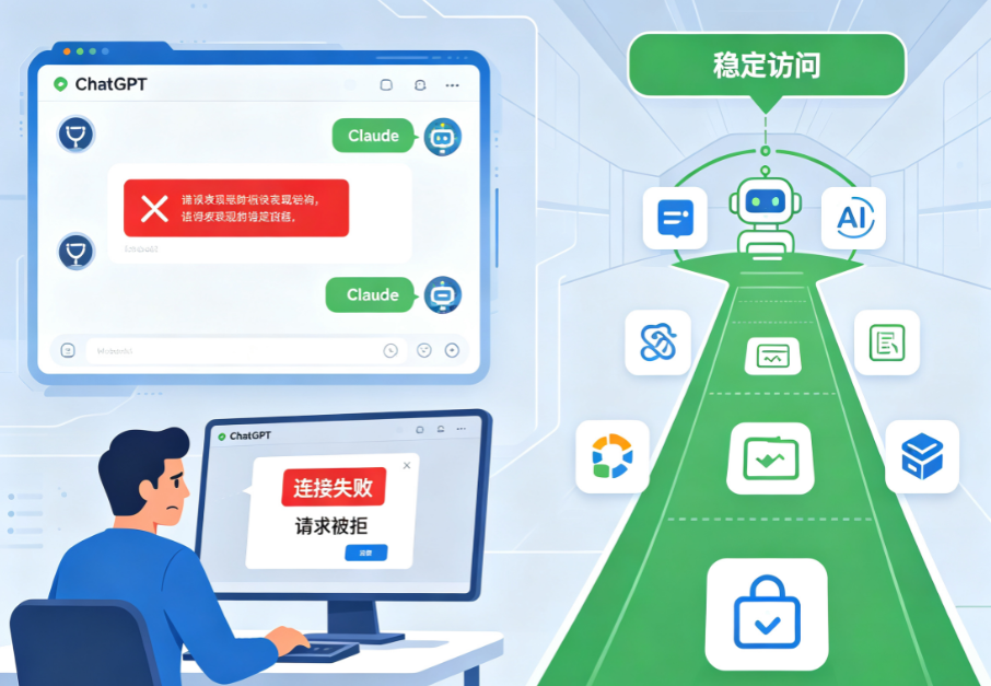 ChatGPT/Claude总报错?用IPFLY代理稳定访问AI工具 ChatGPT/Claude总报错?用IPFLY代理稳定访问AI工具