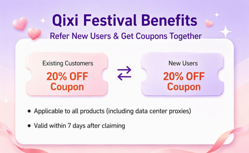 IPFLY Qixi Festival Sale 2026: 20% OFF Proxy Renewals + Refer-a-Friend Rewards IPFLY Qixi Festival Sale 2026: 20% OFF Proxy Renewals + Refer-a-Friend Rewards