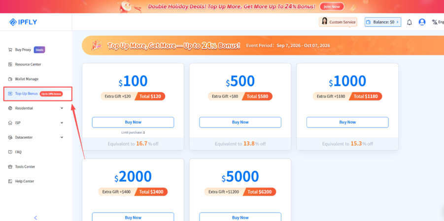 IPFLY Recharge Bonus | Get Up to $1,200 Extra Proxy Credit IPFLY Recharge Bonus | Get Up to $1,200 Extra Proxy Credit